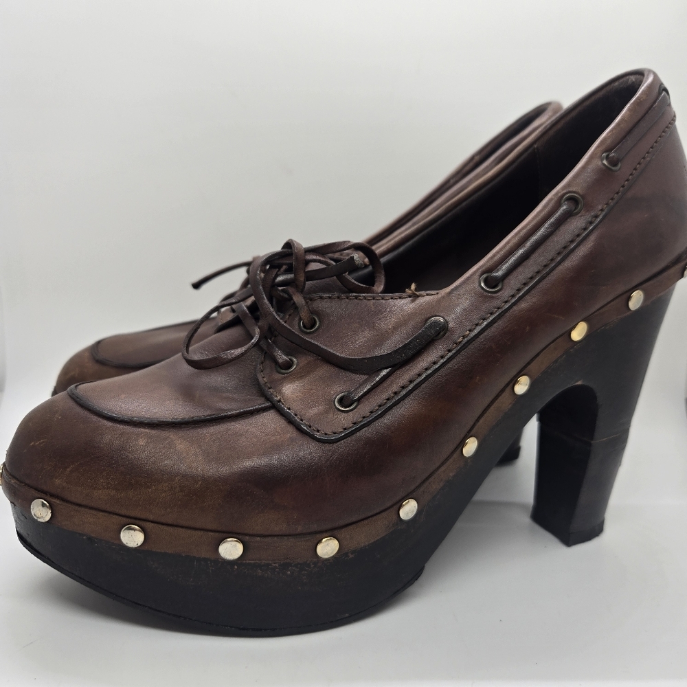 Ralph Lauren Purple Label Brown Leather Heeled Y2k Chunky Wooden Platform 8.5